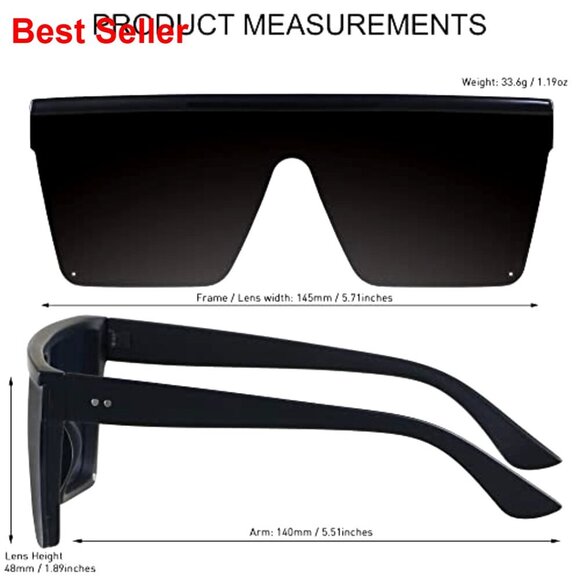 Oversized Square Sunglasses UV400 Protection Flat Top Fashion Shield
